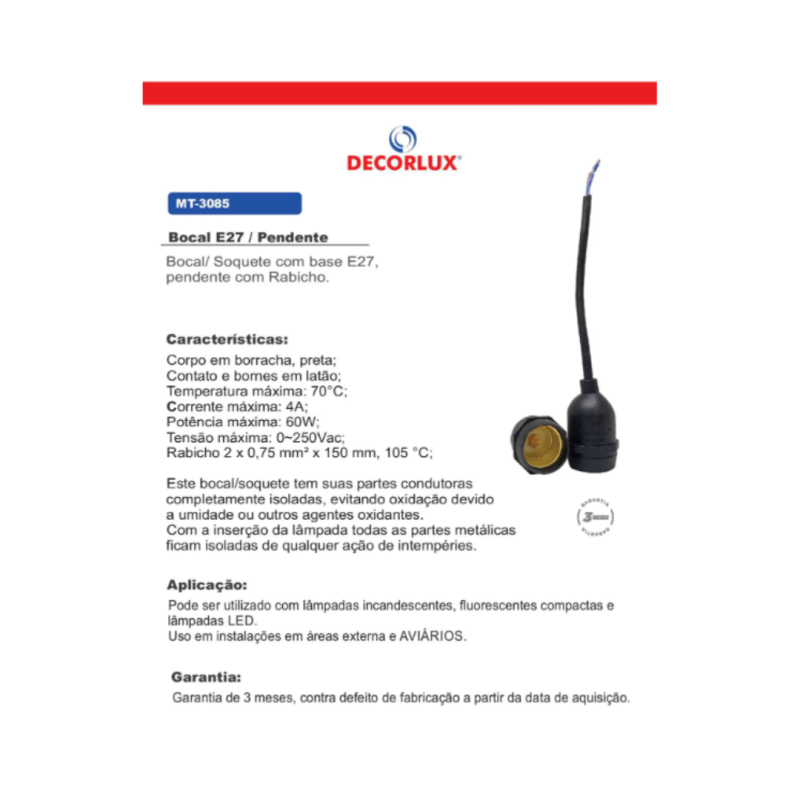 Bocal/Soquete E27 MT3085 Pendente Rabicho Borracha Isolado Preto Decorlux